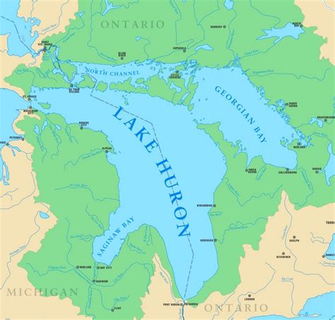 Map of Lake Huron with cities and rivers - Ontheworldmap.com