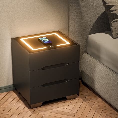 Smart Nightstand with Wireless Charging Station and LED Lights, Black Night Stands with 3 ...