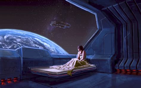 digital Art, Bed, Space, Futuristic, Women, Brunette, Spaceship ...