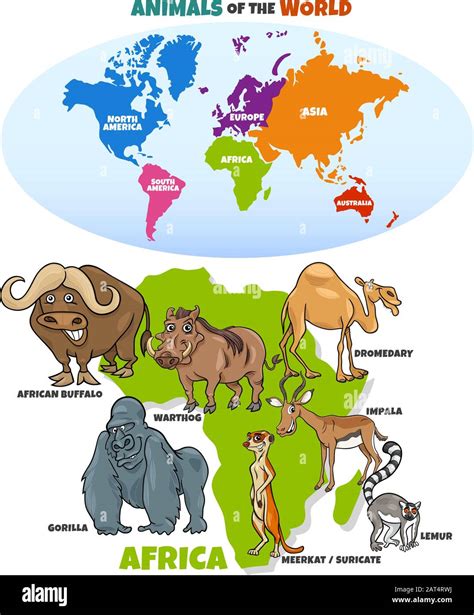 Educational Cartoon Illustration of African Animals and World Map with Continents Shapes Stock ...