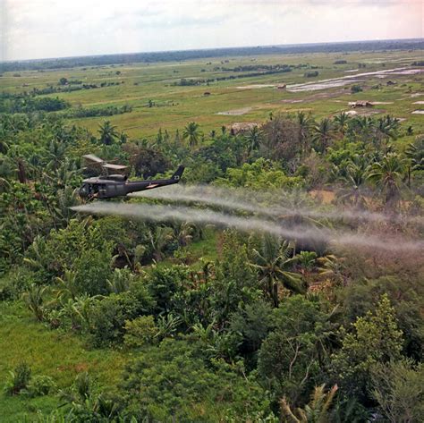 U.S. helicopter spraying chemical defoliants in the Mekong Delta during the Vietnam War image ...