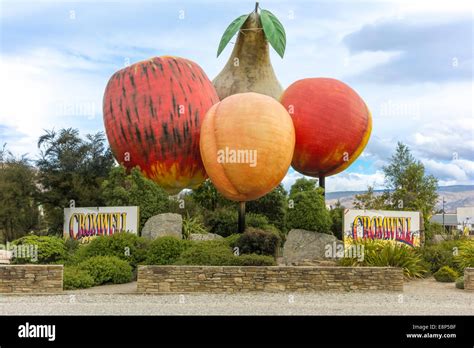 Giant Fruit sculpture at the entrance to Cromwell Otago New Zealand Stock Photo, Royalty Free ...