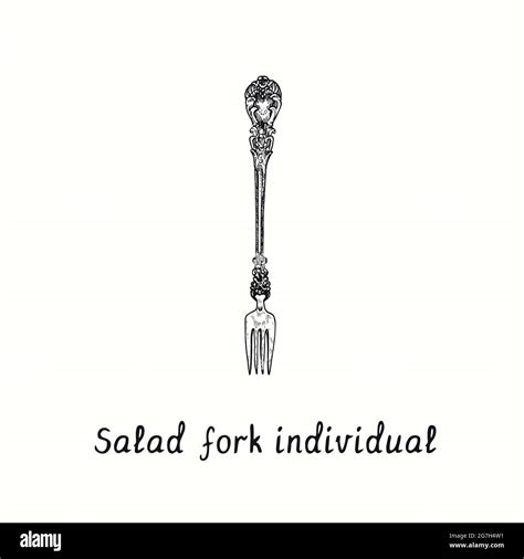 Salad fork individual with retro style decor. Ink black and white ...