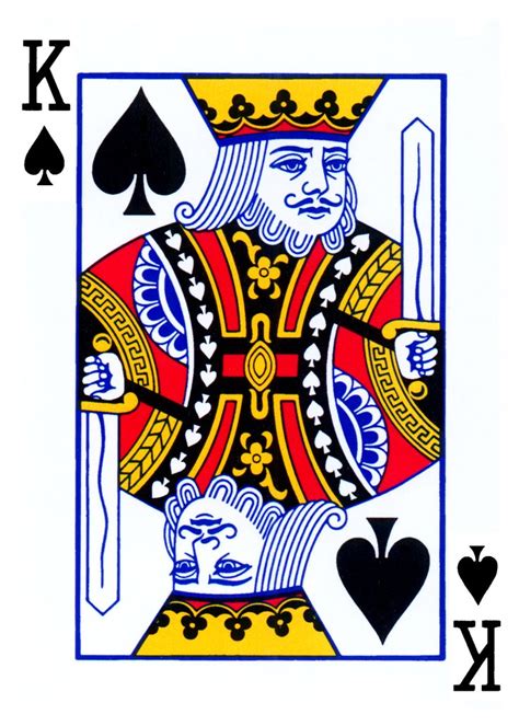 the king of spades playing card is shown in blue and yellow colors, with two hands on each side