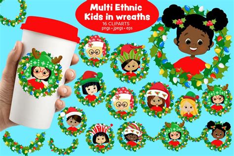 MULTI-ETHNIC, AFRICAN AMERICAN, CHRISTMAS KIDS WITH WREATHS