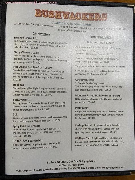 Online Menu of Bushwackers Restaurant, Lincoln, Montana, 59639 - Zmenu