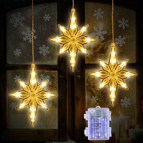 3Pack Christmas Star Window Lights,Quntis Battery Operated 30LED ...