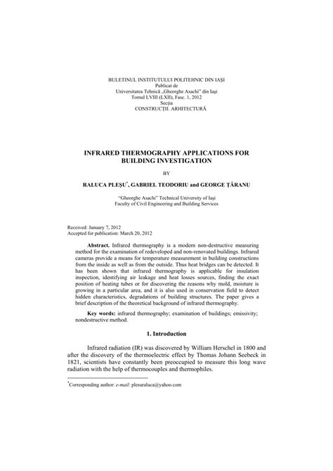 (PDF) INFRARED THERMOGRAPHY APPLICATIONS FOR BUILDING INVESTIGATION.