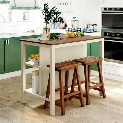 Tileon Cream White Kitchen Island Set w/ 2-Stools Rustic Wood Dining Table Kitchen Prep Table ...