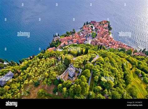 Castello di Vezio tower and town of Varenna on Como lake aerial view Stock Photo - Alamy