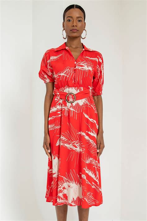 Viscose Fabric V-Neck Midi Mixed Print Women Dress With Belt - Red