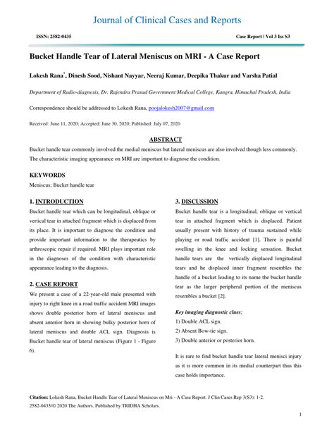 (PDF) Bucket Handle Tear of Lateral Meniscus on MRI - A Case Report