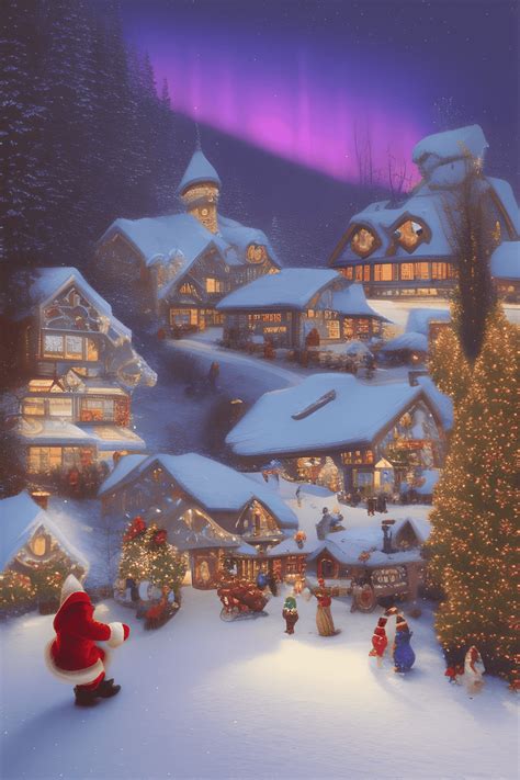 Christmas Night at Santa Claus Village with Northern Lights in the Sky ...