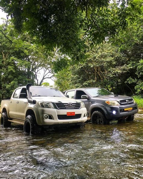 two cars are parked in the water near trees