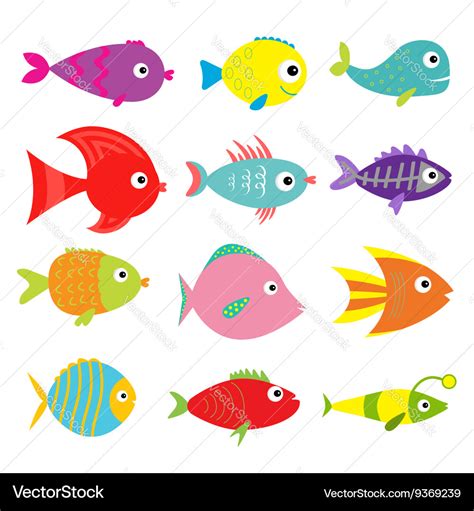 Cute cartoon fish set isolated baby kids Vector Image