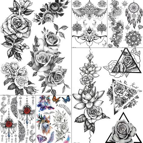 Triangle Black Large Rose Flower Temporary Tattoos For Women BIg Arm Stickers Bohemia Custom ...