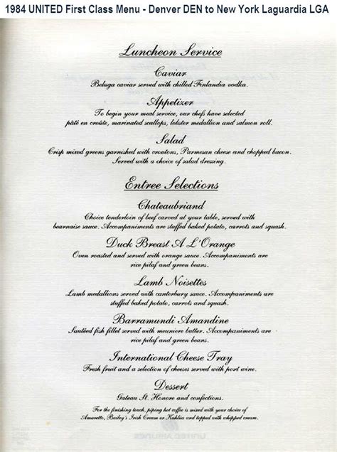 1984 UNITED AIRLINES First Class Menu - Denver DEN to New York Laguardia LGA Airline Catering ...