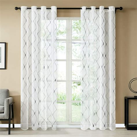 Topfinel White Sheer Curtains 84 Inches Long Gray Embroidered Diamond ...