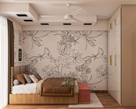 Modern Master Bedroom Design with Floral Wallpaper and Rustic Wooden ...