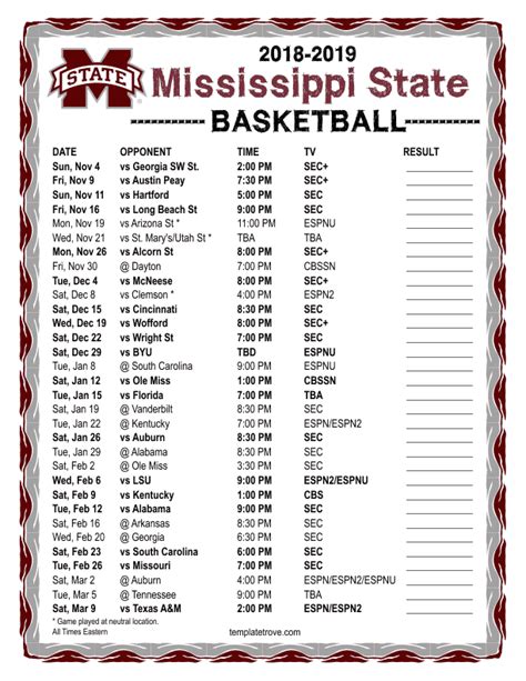 Printable 2018-2019 Mississippi State Bulldgos Basketball Schedule