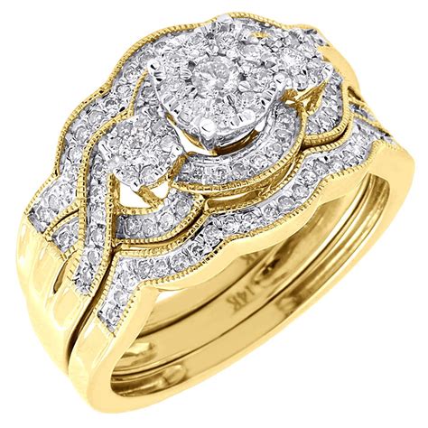 Jewelry For Less - Diamond Wedding 3 Piece Bridal Set 14K Yellow Gold Round Engagement Ring 1/2 ...