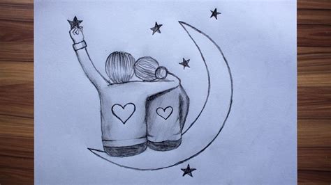 How to draw Romantic Couple sitting on the Moon || Pencil sketch step ...