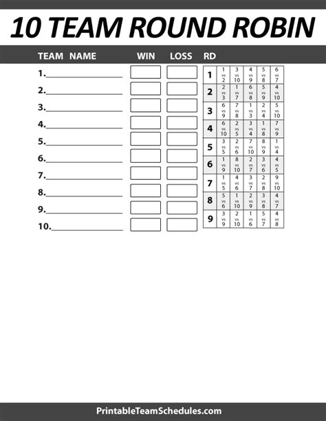 Round Robin Tournament - 10 team bracket. Print Here - http://printableteamschedules.com ...