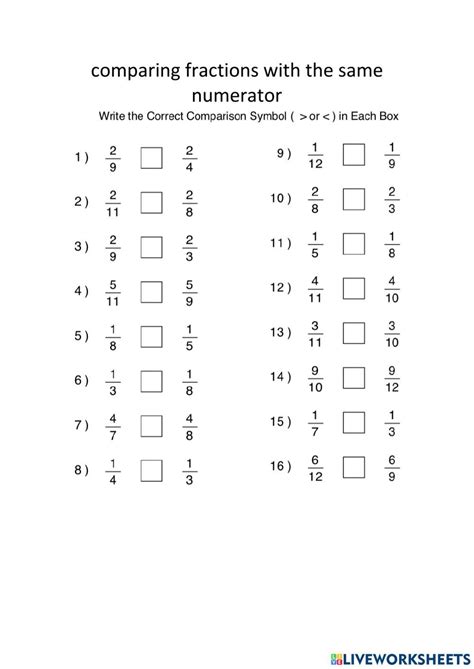 Comparing Fractions With The Same Numerator Worksheet