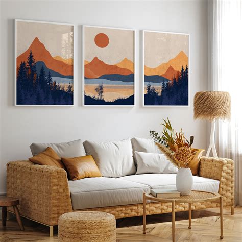 Set of 3 Mountain Art. Mid Century Modern Wall Art, Minimalist Landsca ...