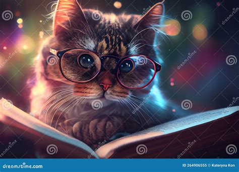 Intelligent Cat in Glasses Reading a Book, Ai Illustration Stock ...