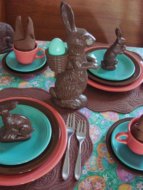 The Victorian Cottage: Chocolate bunny tablescape | Fiesta table, Fiesta ware colors, Chocolate ...