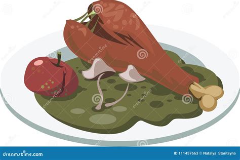 Bad Food. Plate with Rotten Chicken`s Leg, Apple and Mushrooms. Stock Illustration ...