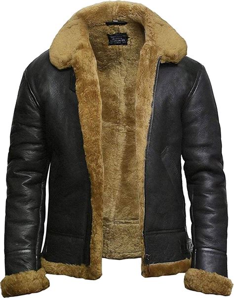 Mens Leather Bomber Jacket Genuine B3 Shearling Aviator Flying Jacket (XS, Black Ginger ...