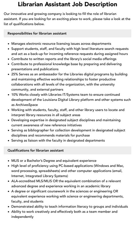 Librarian Assistant Job Description | Velvet Jobs