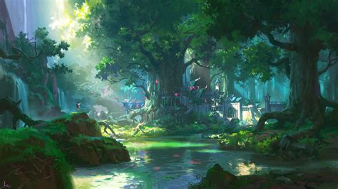 Anime Landscape, Forest, Big Trees, Water, Foliage, - Green Anime Wallpaper 4k - 1440x900 ...