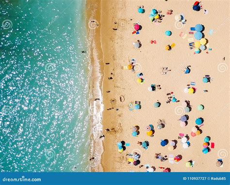 Aerial View from Flying Drone of People Crowd Relaxing on Beach Stock Image - Image of ...