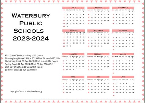 Waterbury Public Schools Calendar with Holidays 2023-2024