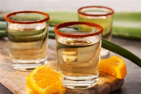 Free Photo | Mezcal Mexican drink with orange slices and worm salt on wooden table