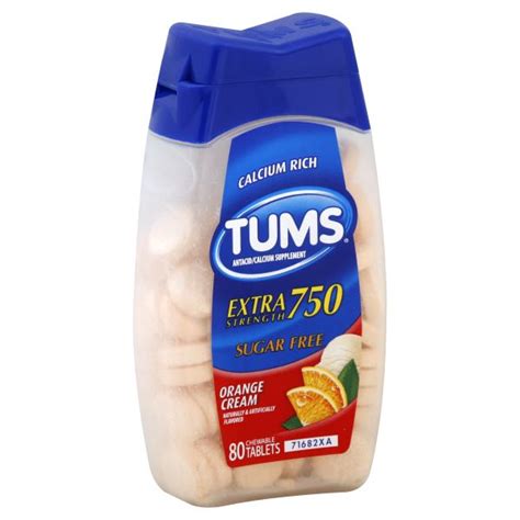 Tums Sugar Free Antacid/Calcium Supplement, Extra Strength 750, Orange Cream, Chewable Tablets ...