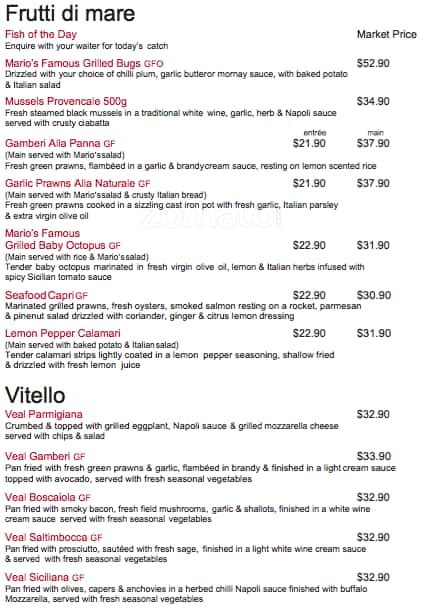 Menu at Marios Italian Restaurant, Broadbeach, Oasis Shopping Centre