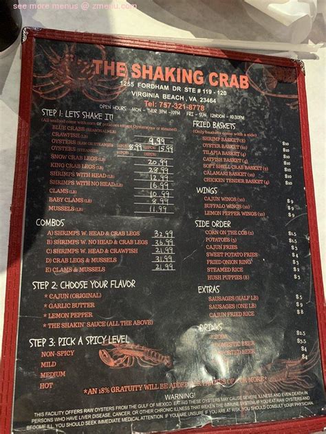 Menu at Shaking Crab restaurant, Virginia Beach