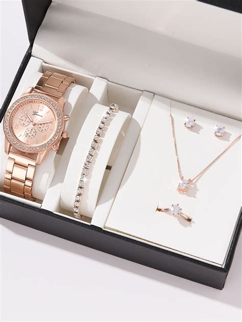 1pc Rhinestone Decor Quartz Watch & 5pcs Jewelry Set