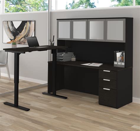 Modern L-shaped Desk & Hutch with Glass Doors, with Height Adjustable – ComputerDesk.com