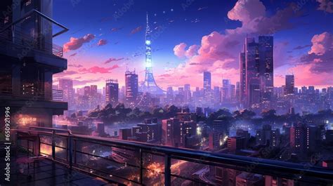 illustration of a night cityscape in anime neo crisp cyberpunk style. neon flat colors. nightsky ...