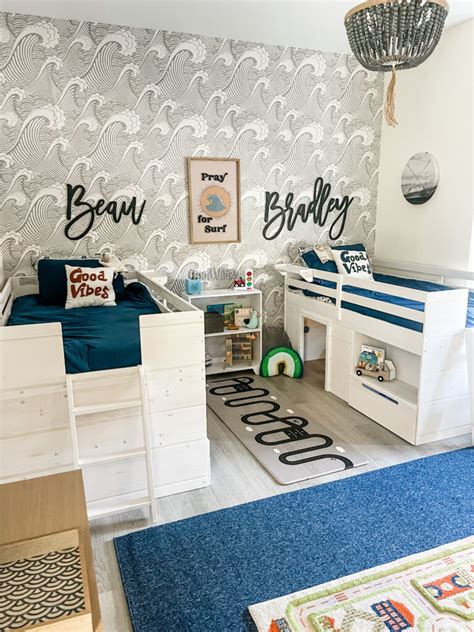 Twin Boy's Shared Sibling Coastal Surfer Bedroom