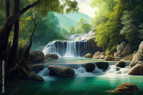 A desktop wallpaper of a beautiful and peaceful waterfall surrounded by lush green forests and ...