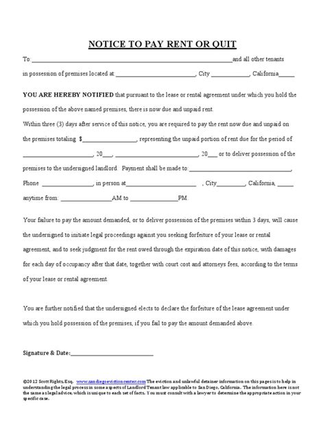 3 Day Notice Pay Rent or Quit, California; San Diego Eviction Center ...