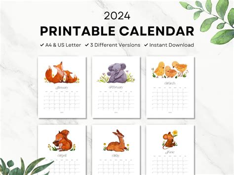 Printable Calendar 2024 Cute Animal Watercolor Portrait - Etsy