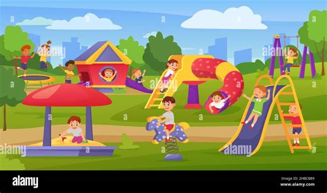 Cartoon kids playing on playground in summer park or kindergarten ...