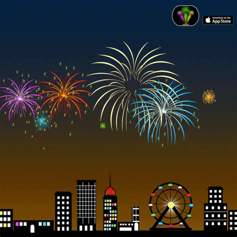 New Years greetings created with animated fireworks and city skyline with rotating Ferris wheel ...